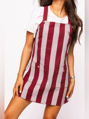 NWT! QUEEN OF SPARKLES Maroon and Grey Sequin Striped Mini Overall Dress